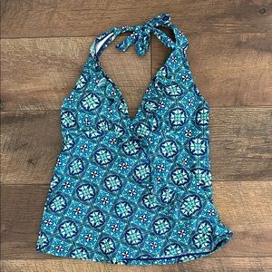 SPANX Blue and Teal Mosaic Halter Tankini Top